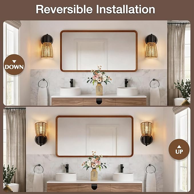 EJIAXIN Boho Rattan Wall Sconces Set of 2 - Vanity Lights for Bathroom Farmhouse Wall Light Fixtures with Rotary Switch - Black Indoor Wall Mount Lighting Rustic Lamp for Bedroom Living Room Hallway
