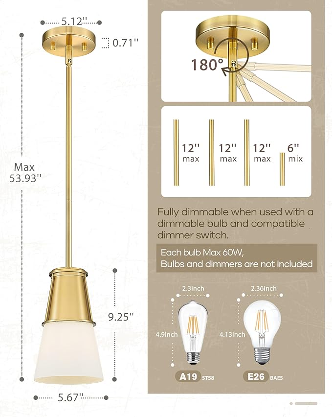 Beionxii 2 Pack Pendant Lights Kitchen Island, Pendant Lights Kitchen Island 2 Pack Gold, Kitchen Pendant Lighting Over Island, Gold Pendant Lights Kitchen Island, Milk Glass Shade, BX-PL01BG-2PK