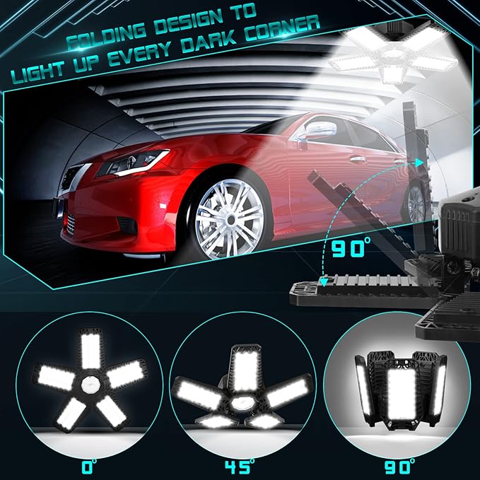 LED Garage Light - 160W 16000LM 6500K LED Garage Ceiling Lights, Screw in Shop Lighting 5+1 Deformable Panels for Attic, Basement, Workshop, E26/E27 (10)