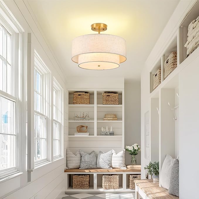 16" Semi Flush Mount Ceiling Light, 3-Light Double Drum Fabric Linen Shade for Living Room, Bedroom, Kitchen, Dining Room, Hallway and Entryway