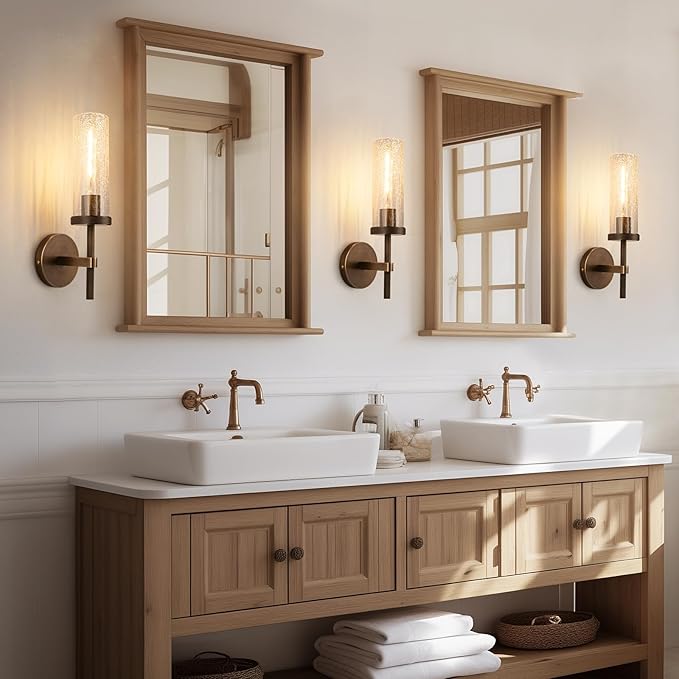 15" Knurled Brass Wall Sconces Set of 2, Bronze Bathroom Vanity Light Fixtures with Crackle Glass Tube, Modern Lamp Lighting for Bedroom, Living Room, Hallway, Staircase, Mirror, Kitchen