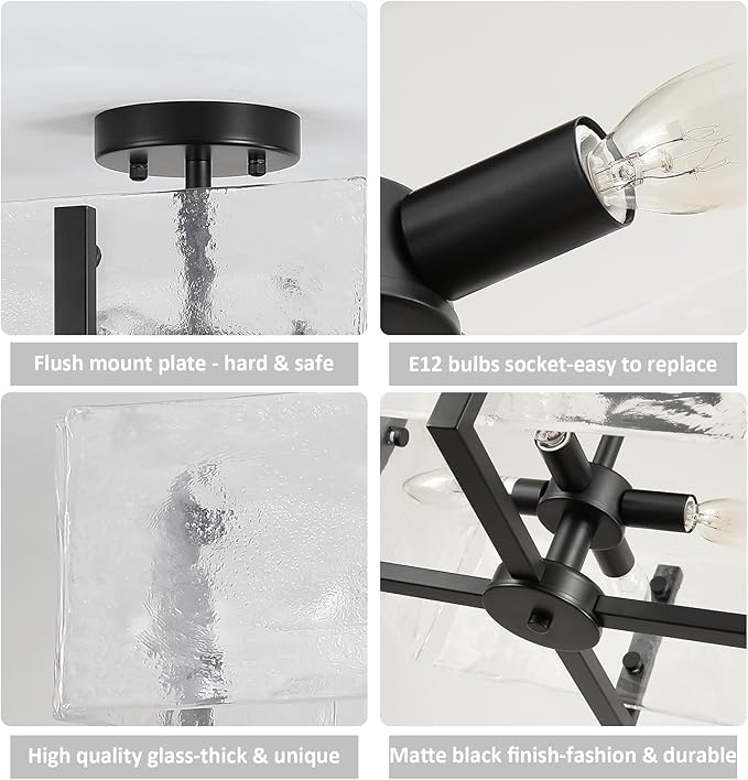 Black Semi Flush Mount Ceiling Light 4-Light Glass Light Fixtures Ceiling Mount,14.96" Modern Farmhouse Light Fixture for Foyer, Hallway, Entryway, Dining Room, Kitchen, Bedroom, Porch