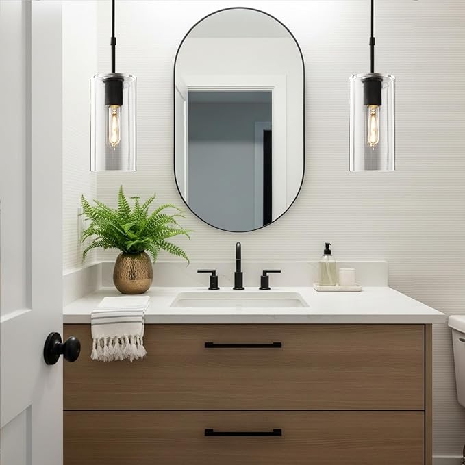 Modern Pendant Light Kitchen Island Set of 2, Adjustable Black Clear Glass Pendant Light Fixtures, Pendant Lighting Over Island, Indoor Chandelier for Bedroom Bathroom, Included Bulb