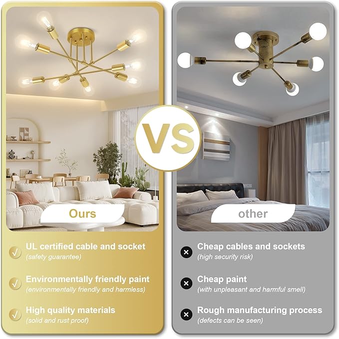 CANMEIJIA 8-Lights Gold Chandelier Sputnik Light Fixture, Sputnik Mount Chandelier Ceiling Lighting, Mid Century Ceiling Lights Fixtures for Bedroom, Dining Room, E26 Base, Bulbs Not Included