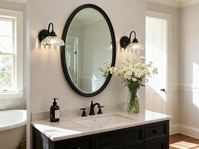 PERMO Vintage Black Wall Sconce with Clrar Lotus Glass Shade Antique Sconces Hardwired Light for Bathroom, Bedroom, or Entryway