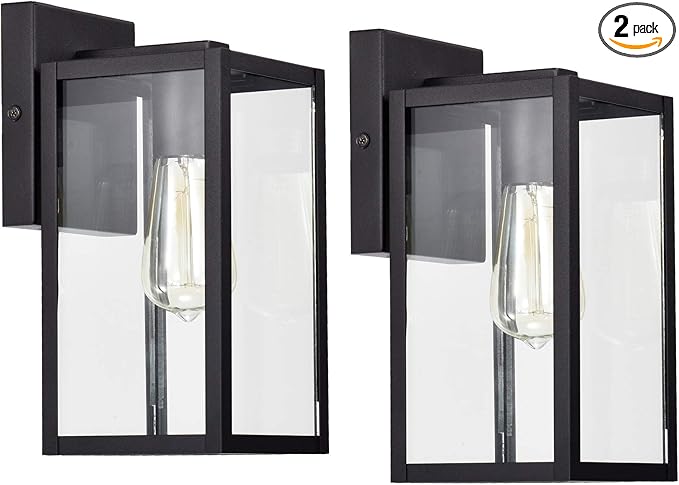 MICSIU 2 Pack Outdoor Light Fixture, 11 Inch Modern Farmhouse Exterior Wall Sconce with Clear Glass, Textured Black Outside Porch Lights for House Garage Patio, E26 Base, ETL Listed