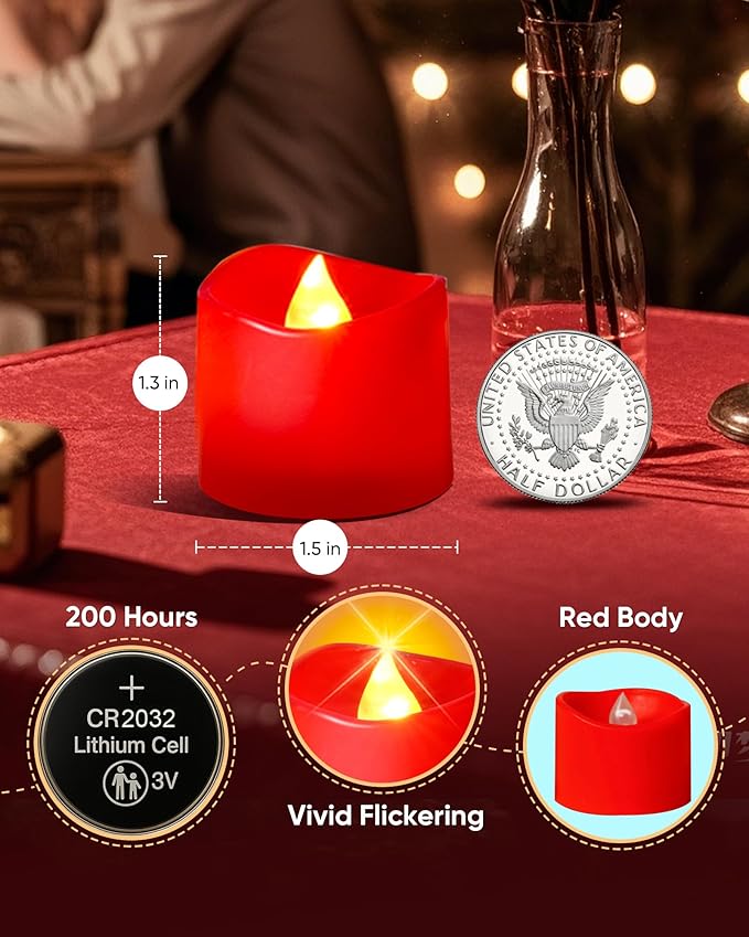 Raycare Red Battery Operated Tea Lights, 200+Hour Electric Flickering Flameless Candles, Realistic Votive LED Tea Lights for Wedding Party Table Halloween Christmas Decorations, Pack of 12