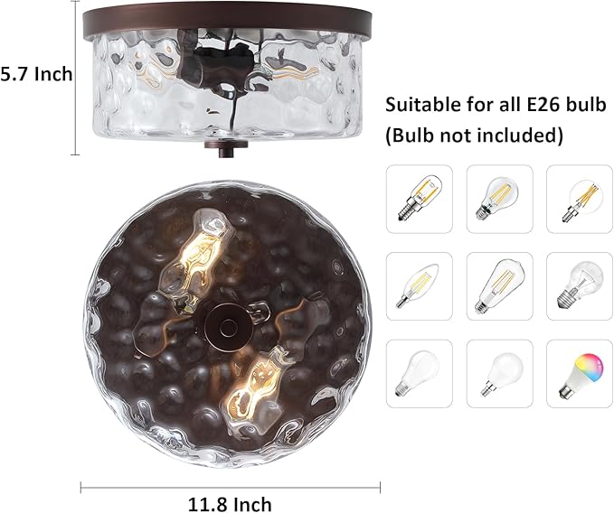 Hammered Glass Oil Rubbed Bronze Flush Mount Ceiling Light,2-Lights Modern Farmhouse Ceiling Lighting Fixture for Kitchen Hallway Bedroom,Indoor Antique Foyer Light
