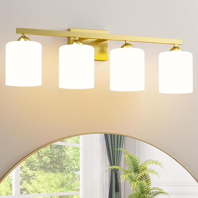 Quntis Gold Bathroom Light Fixtures 5 Colors Adjustable, 4-Light LED Bathroom Vanity Lighting with Milky White Frosted Glass Shade, Energy-Saving Light Over Mirror 28.3 inch