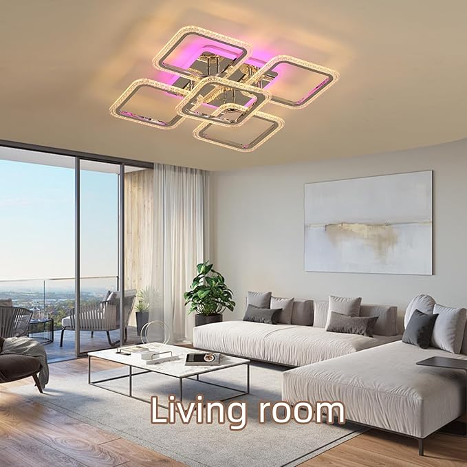 Modern LED Ceiling Lights,80W Flush Mount Ceiling Light with Remote,5 Squares Dimmable Brightness, Adjustable 3000-6000K Color Temperature for Living Room,Laundry Room,Hallway,Chrome