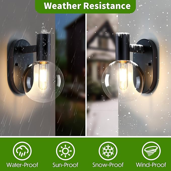 Outdoor Wall Light Fixture, Indoor Outdoor Wall Sconce, Waterproof Outdoor Porch Light, Black Vanity Light Fixture with Clear Globe Glass, Anti-Rust E26 Socket for Bathroom, Garage, Patio