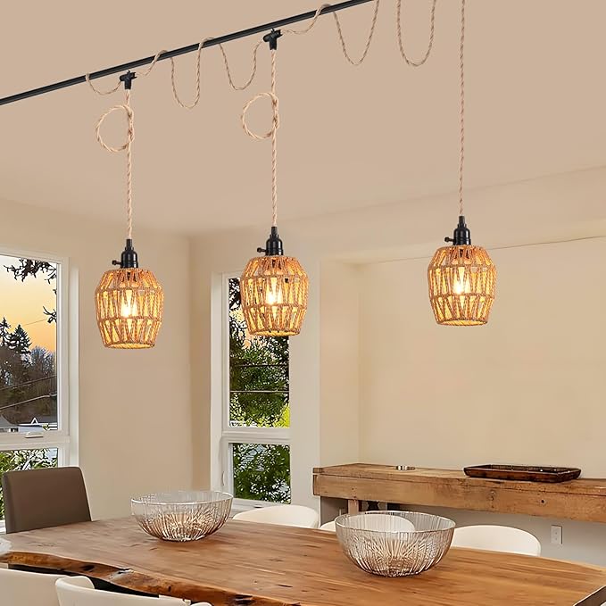 3 Light Plug in Pendant Light Rattan Hanging Lights with Switch 22FT Industrial Ceiling Light,Plug in Cord with Woven Hemp Rope Lamp Shade, Hanging Lamp Cord Farmhouse Cable DIY