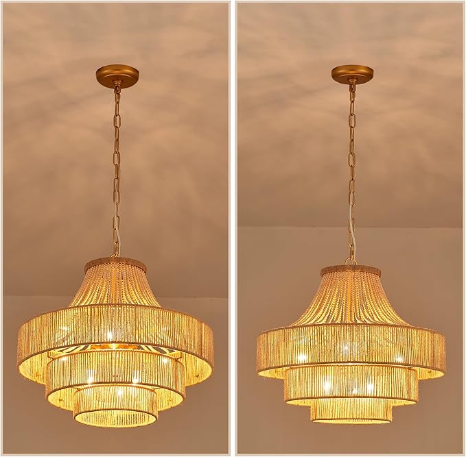 Wood Beaded Rattan Chandelier Boho Hand Woven Pendant Light 6-Lights Adjustable Coastal Pendant Lighting Fixtures for Dining Living Room Kitchen Hallway, Dia 20”, UL Listed