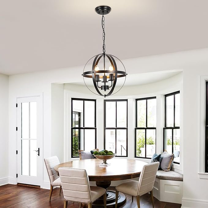 DLLT Vintage Pendant Hanging Light Fixtures, Flush Mount Ceiling Chandelier Lamp with Metal Spherical Shade for Kitchen, Dining Room, Living Room, Hallway, Entryway 3-Light, E12 Base-Matte Black