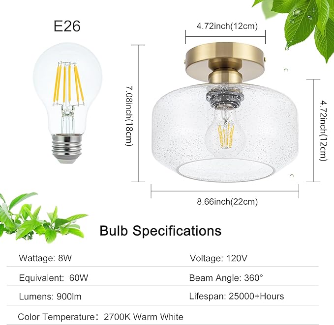 Tbaoinal Semi Flush Mount Ceiling Light Seeded Clear Glass Shade Matal Base, Inclede 900 LM LED Bulb, Low-Profile for Kitchen/Hallway/Entryway/Bathroom,Bronze Color