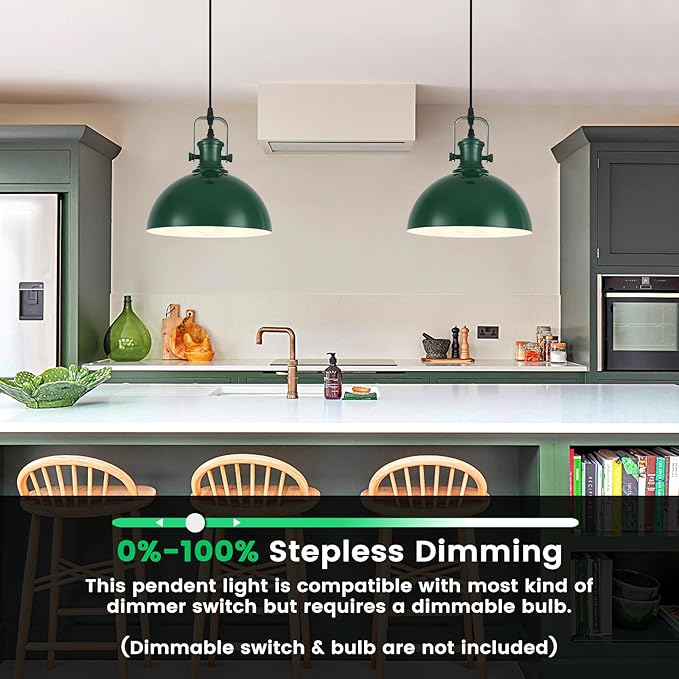 Green Farmhouse Pendant Light, 9.8 inches Industrial Pendant Light, Modern Pendant Lights for Kitchen Island Bedroom Living Room, 2 Pack