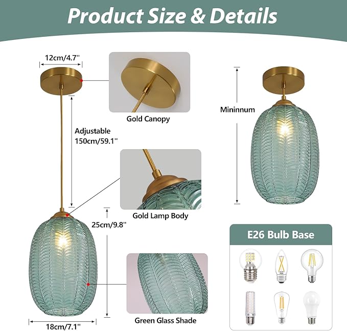 KCO Lighting Vintage Green Pendant Lights Kitchen Island Small Striped Glass Pendant Light Antique Brass Pendant Light Modern Kitchen Pendant Lighting Over Island