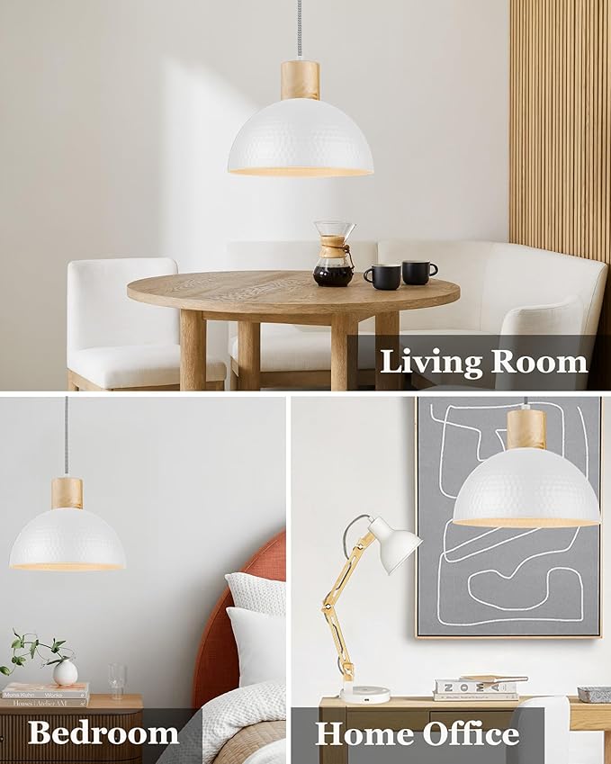 ELYONA 2 Pack Hammered Pendant Lights, 12" Modern Metal Dome Hanging Lamp Solid Wood Pendant Light Fixtures for Kitchen Island, Farmhouse, Dining Room, Sink, Bedroom, Hallway, Nordic White