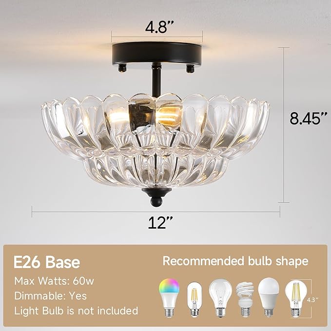 semi Flush Mount Ceiling Light Fixture - 3-Light Vintage Crystal Glass with Black Metal Frame, Modern Close-to-Ceiling Lighting for Bedroom, Kitchen, Living Room or Hallway, e26 Base
