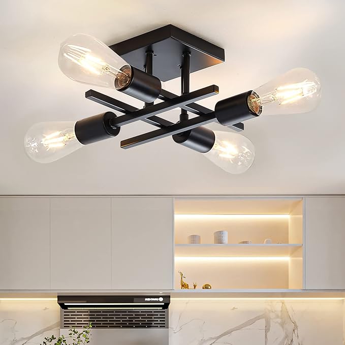 Industrial 4-Light Semi Flush Mount Ceiling Light Fixture, Modern Black Chandelier Lighting, Farmhouse E26 Base Sputnik Ceiling Lamp, 3 Pack