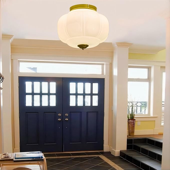 LIGHTLAND Milk Glass Ceiling Light, 15 Inch 3-Light Metal Glass Flush Mount Ceiling Light Fixture for Entryway, Hallway, Living Room, Bedroom (Style C, White)