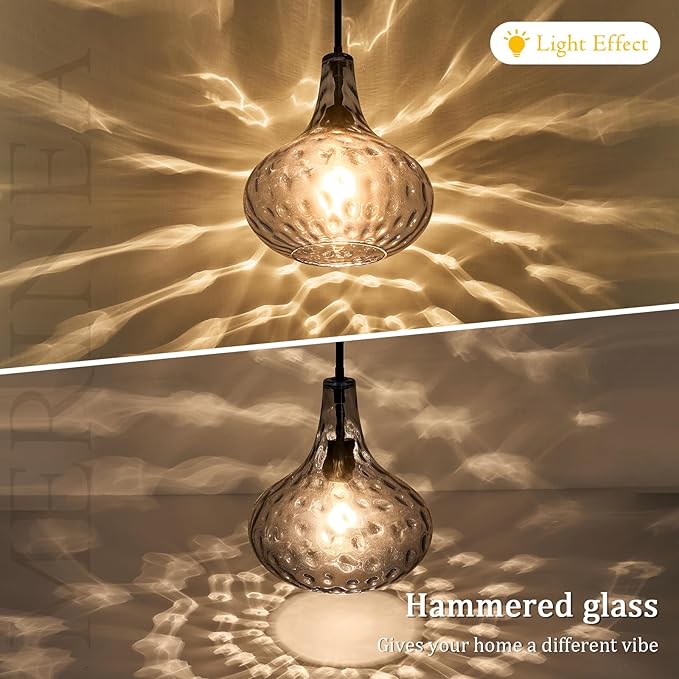 11" Hand-Blown Blue Glass Pendant Light, Hammered Glass Shade with Black Finish, Adjustable Modern Hanging Light Fixture for Kitchen Island, Dining Room, Hallway, Living Room