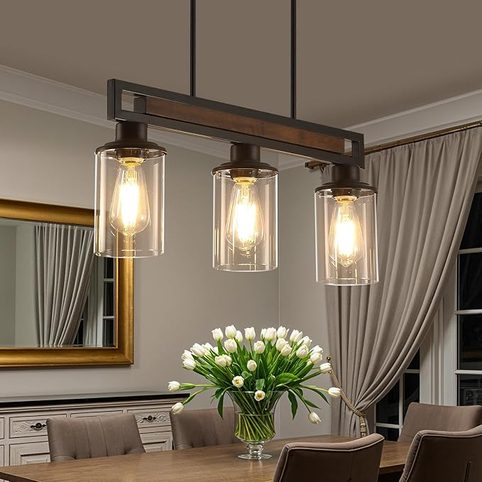 Farmhouse Dining Room Light Fixture, 3-Light Wood Kitchen Island Lighting for Dining Room Over Table, Black Adjustable Pendant Light with Clear Glass Shades, Linear Chandeliers Lighting for Kitchen