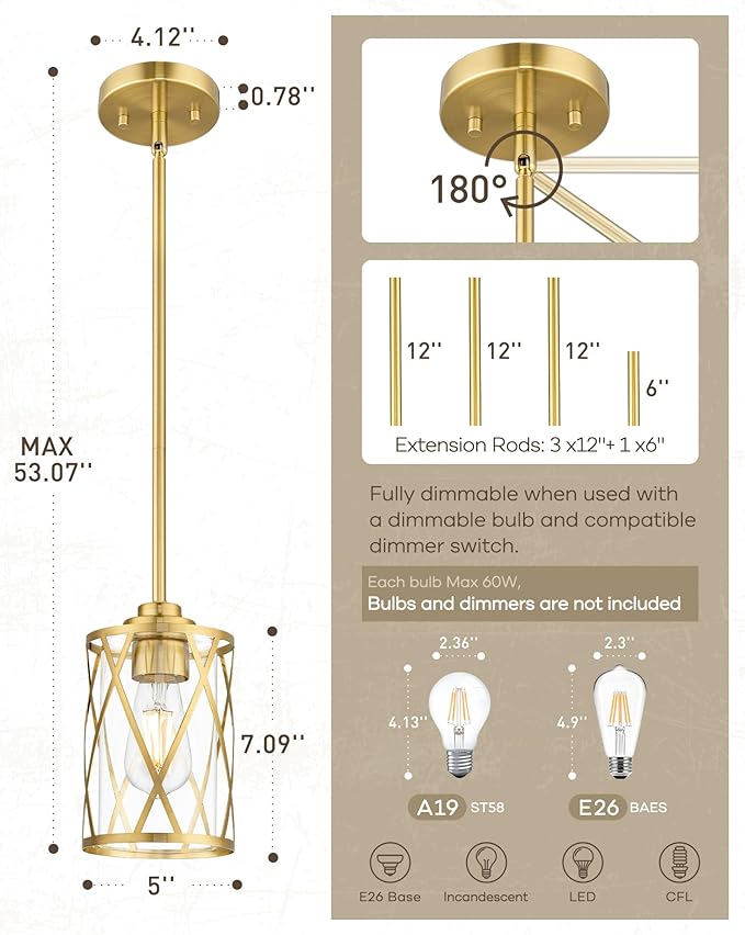 Beionxii Pendant Lights Kitchen Island, Brushed Gold Modern Kitchen Pendant Lighting Over Island, Farmhouse Industrial Cage Hanging Lighting with Clear Glass for Sink, Dining Room, BX-PL07BG