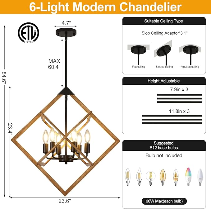 24" Modern Pendant Lights Kitchen Island, 6-Light Black + Wood Grain Farmhouse Pendant Light Fixtures, Industrial Hanging Pendant Lights Fixture for Kitchen Island Dining Room Hallway Foyer Entryway