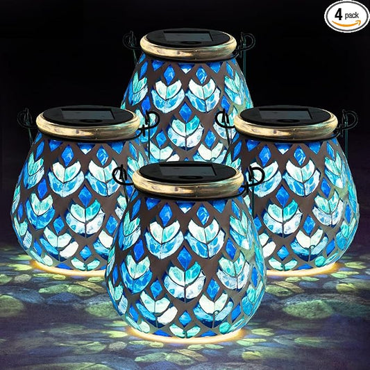 Stargarden 4 Pack Mosaic Solar Lanterns, Blue Glass Hanging Lantern Waterproof Outdoor Hanging Solar Lights Table Lamp for Garden ,Patio,Yard Decor