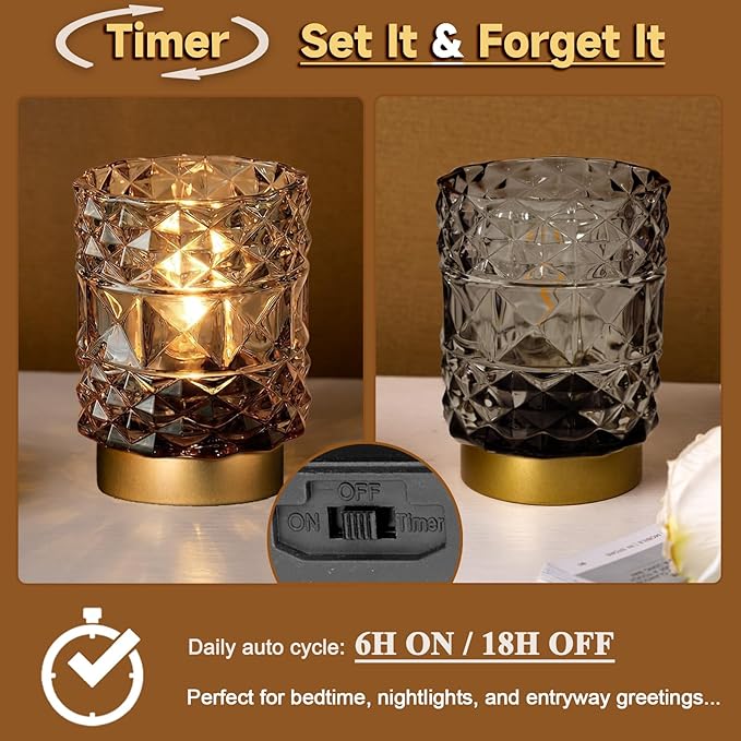 MJ PREMIER Battery Operated Lamp with Timer, Cordless Table Lamps for Shelf Decor, Rhombus Texture Aesthetic Crystal Lamp, Small Decorative Lamps for Bedroom/Bathroom/Kitchen/Entryway/Dorm (Grey)