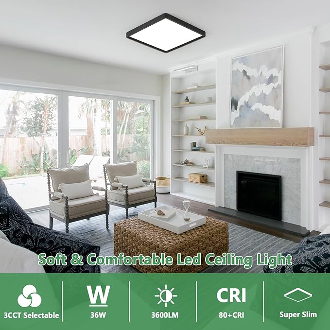4PK 16 Inch Square LED Flush Mount Ceiling Light, 36W 3600LM, 3000K/4000K/6000K CCT Selectable, Super Slim Low Profile Ceiling Light Firxtue for Bedroom/Kitchen/Living room/Dinning room/Hallway, Black