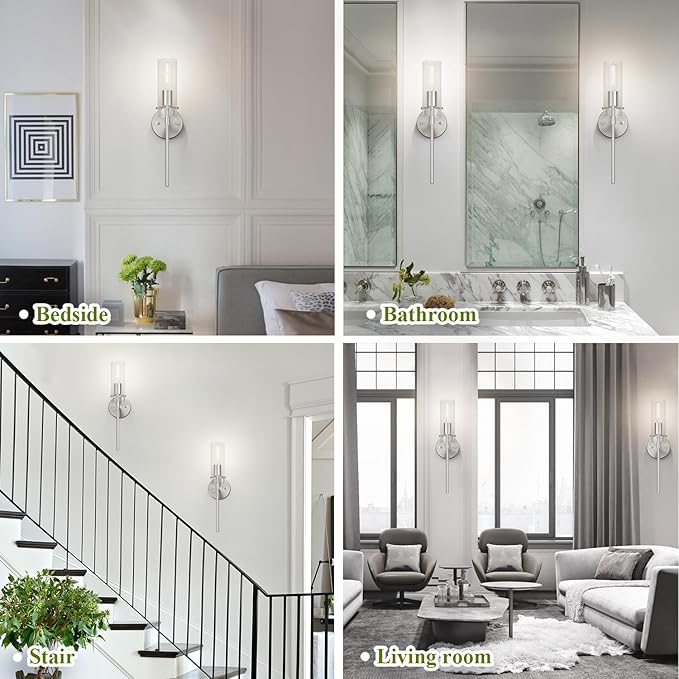 Wall Sconce Set of 2 Brushed Nickel Wall Light, Bathroom Vanity Light Fixture Modern Indoor Wall Light with Clear Glass Shade for Bathroom Bedroom Living Room Hallway Vanity