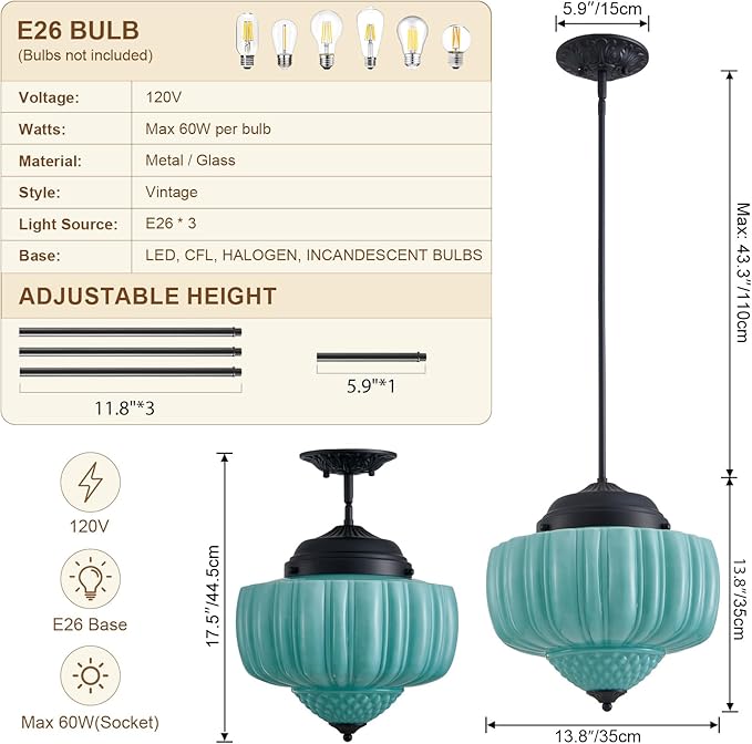 13.8" Milk Glass Ceiling Light Fixture 3 Lights Vintage Chandelier Schoolhouse Pendant Light with Mint Green Glass Shade, Mid Century Lighting Fixture for Kitchen Island Dining Room