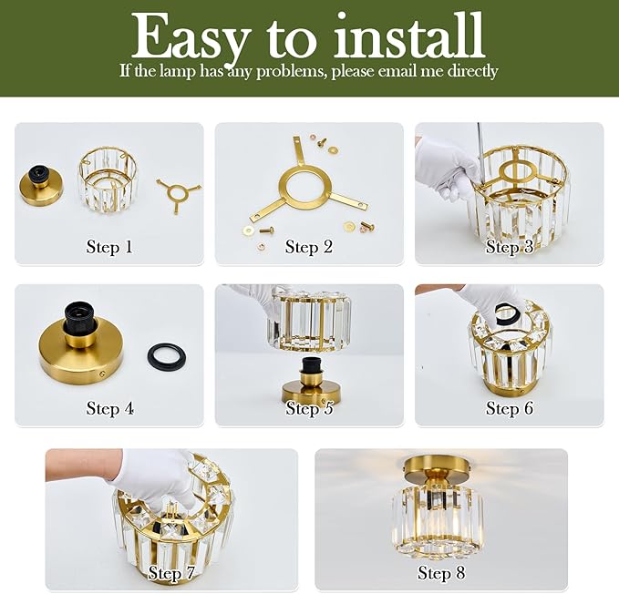 2 Pack Small Crystal Semi Flush Mount Ceiling Light Fixture Modern Gold Mini Round Chandelier Metal E26 Ceiling Lamp for Hallway Bathroom Entryway Kitchen Closet