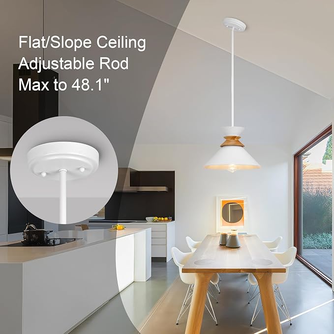 12 Inch White Pendant Lights Kitchen Island Hanging Light Fixtures Adjustable Rod Height Pendant Lighting for Dining Room 1 Pack