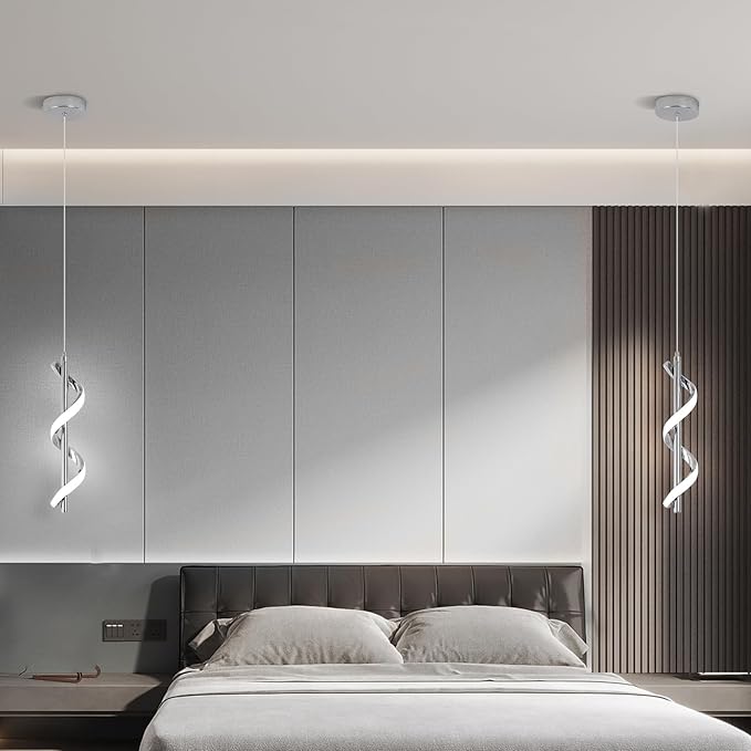 CANEOE 3 Packs Modern Spiral Led Pendant Light Fixture, Cold White 5500K Kitchen Island Pendant Lamp, Adjustable Hanging Light Fixture for Bedroom Living Room Kitchen Sink (Chrome)