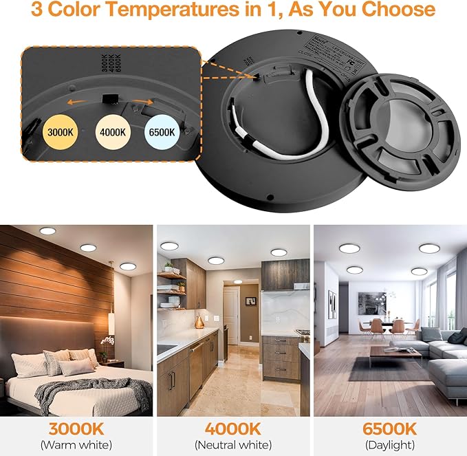 3 PackFlush Mount LED Ceiling Light Fixture Black, 12Inch & 3000K-4500K-6000K Ceiling Lamp 3200LM Ceiling Light for Bedroom, Bathroom, Kitchen, Living Room