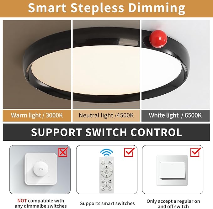 Black Round Flat Panel Light, Dimmable Modern Flush Mount Ceiling Light Fixture,24W 3000K/4000K/5000K,Fits for Hallway Kitchen Bedroom Living Room Closet Room