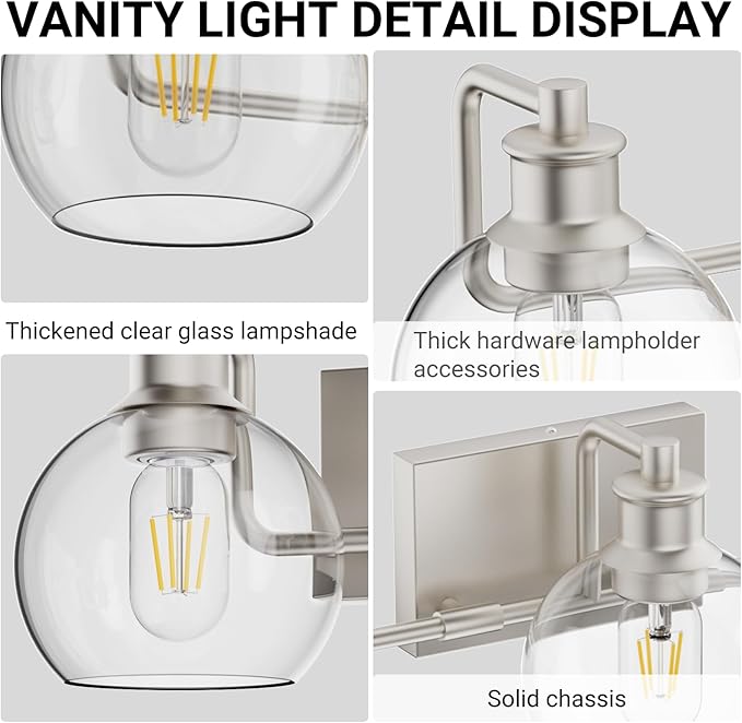 Tipace 3 Lights Vanity Light Bathroom Light Fixture Over Mirror for Bathroom Glass Shade Lights Brushed Nickel Vintage Lighting Fixture(Exclude Bulb)