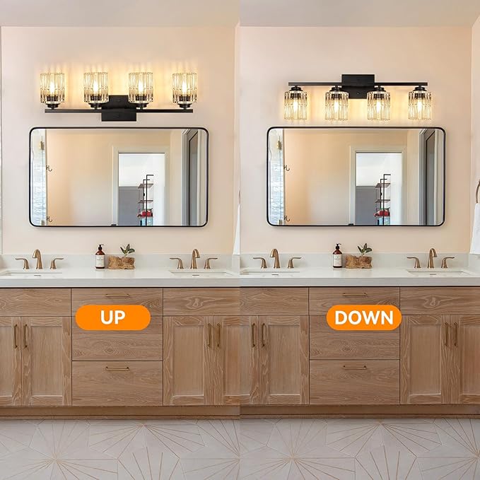 TALOYA 27 Inch Brushed Black Bathroom Light Fixtures with Thickend Clear Tapered Glass Shade, 4-Light Modern Vanity Light Over Mirror for Bathrooms, Bedrooms (Bulbs Not Included)