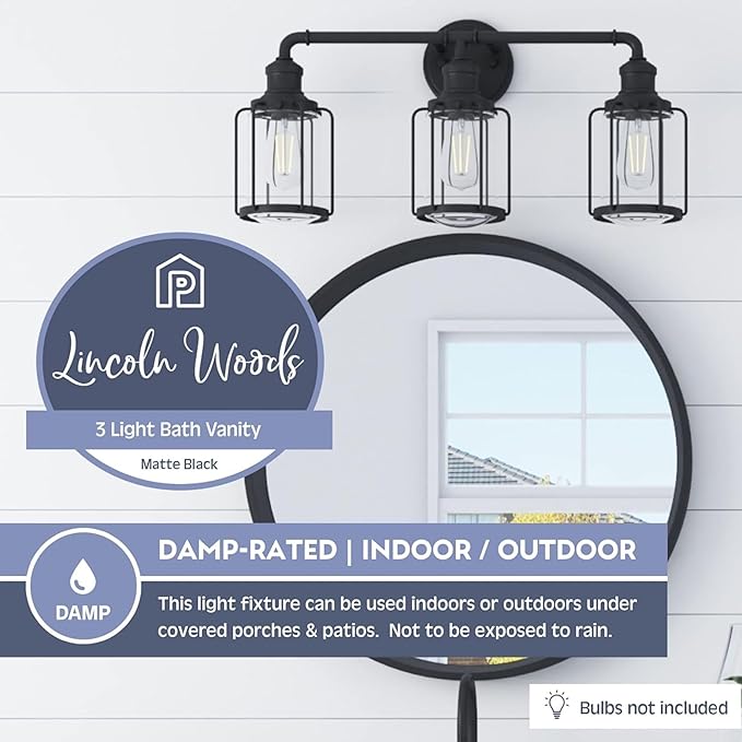 Prominence Home Lincoln Woods 3 Light Matte Black Industrial Bathroom Vanity Light with Cage and Clear Glass - 51545-01