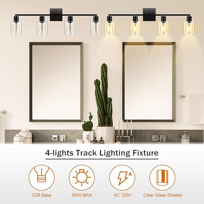 4-Light Track Lighting Fixtures with Seeded Glass Shade, Modern Kitchen Lighting Fixtures Ceiling, Rotatable Track Head, Wall Mount Ceiling Light for Bedside Hallway Bedroom, Matte Black