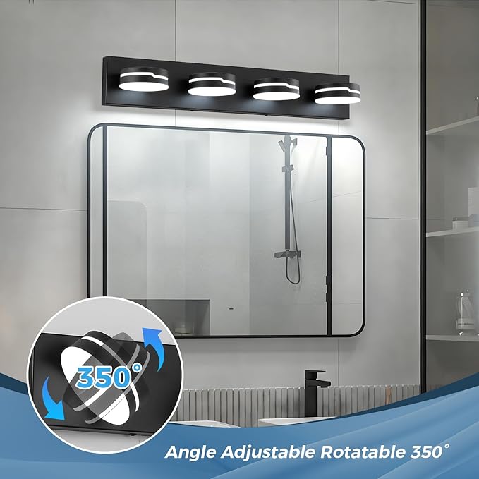 Vanity Lights for Bathroom, 25.6in Matte Black Bathroom Light Fixtures Over Mirror, 4-Light Modern LED Wall Sconce Makeup Lighting, 350° Rotatable, Dimmable 5500K Cool White, Hardwired