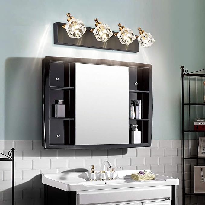 PRESDE Modern Black Bathroom Vanity Light Fixtures Over Mirror LED 4 Lights Crystal Bath wall Lighting