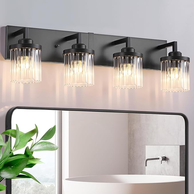 Modern Crystal Bathroom Light Fixtures, 4 Light Black Farmhouse Vanity Lights, with Crystal Glass Shade, Industrial Bathroom Lighting Fixtures Over Mirror Wall Light for Bedroom Living Room