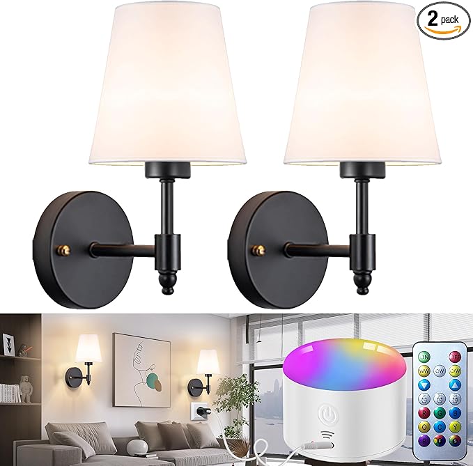 YHCDLAMP Battery Operated Wall Sconces Set of Two, Rechargeable Wireless Wall Lights with 10000mAh RGB Dimmable Detachable Bulb, Battery Sconces Wall Decor with Remote for Bedroom Living Room Hallway