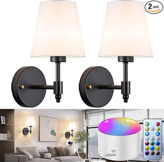 YHCDLAMP Battery Operated Wall Sconces Set of Two, Rechargeable Wireless Wall Lights with 10000mAh RGB Dimmable Detachable Bulb, Battery Sconces Wall Decor with Remote for Bedroom Living Room Hallway