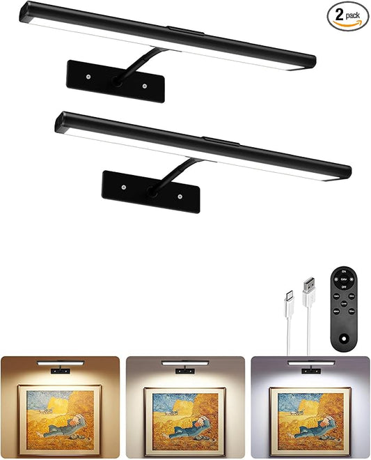 EZVALO Picture Light for Wall, 16'' Black Rechargeable 4800mAh Battery Lights Wireless Remote, Dimmable Magnetic LED Art Painting Light with 3 Color Temperatures, Display for Gallery, Living Room(2P)