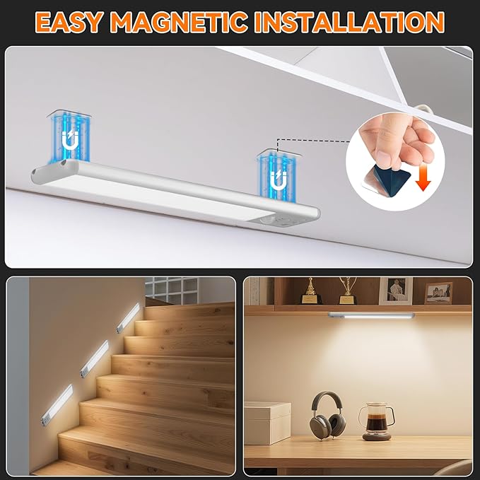 Under Cabinet Lighting Wireless, 15inch Rechargeable Motion Sensor Light Indoor, 3 Color Closet Light Battery Operated with LED Power Display, Magnetic Under Counter Lights for Kitchen, Home (6Pack)